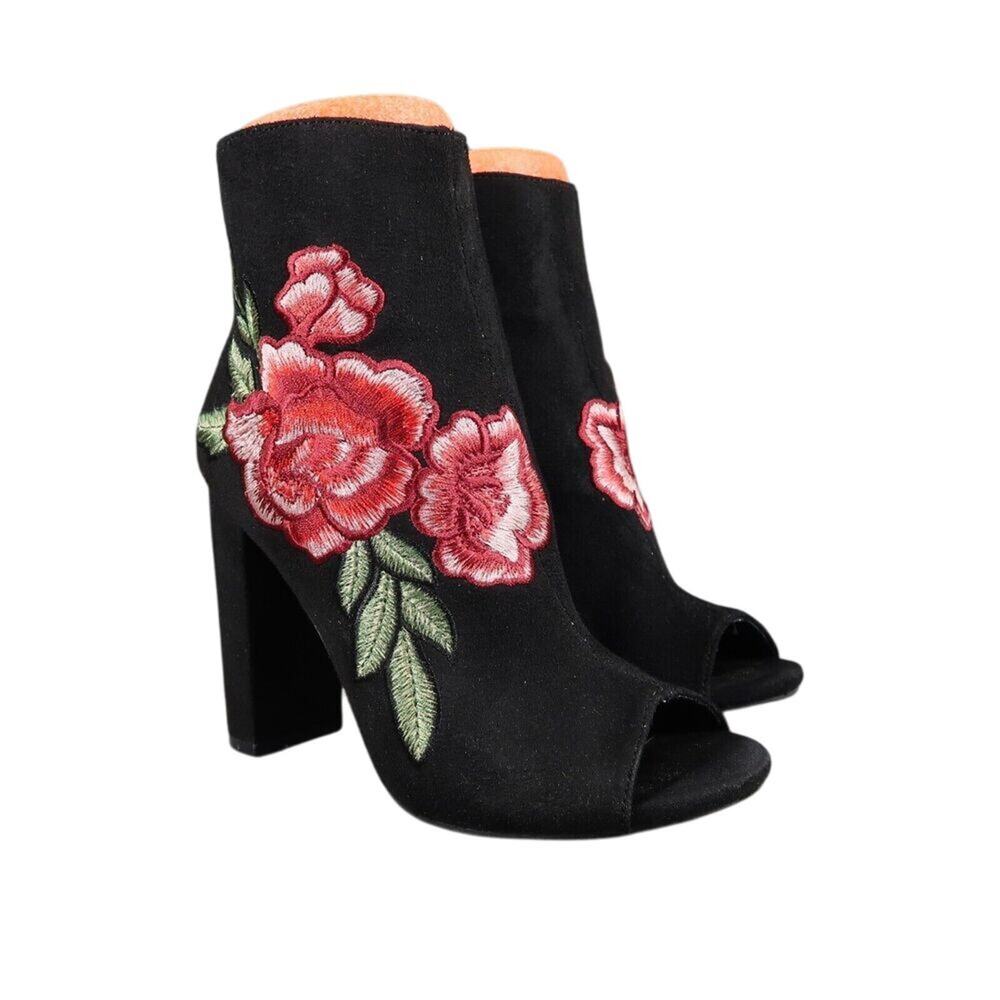 Wild Diva Shoes Womens 7 Bootie Pumps Fashion Floral Embroidered Block Heel Zip